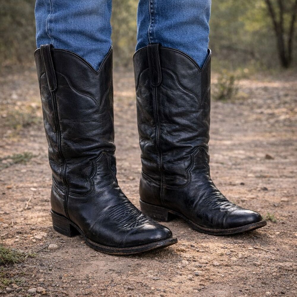 Tony Lama Western Boots Mens Size 10 Vintage Shoes Black Leather Roper 9717 USA - Picture 5 of 13